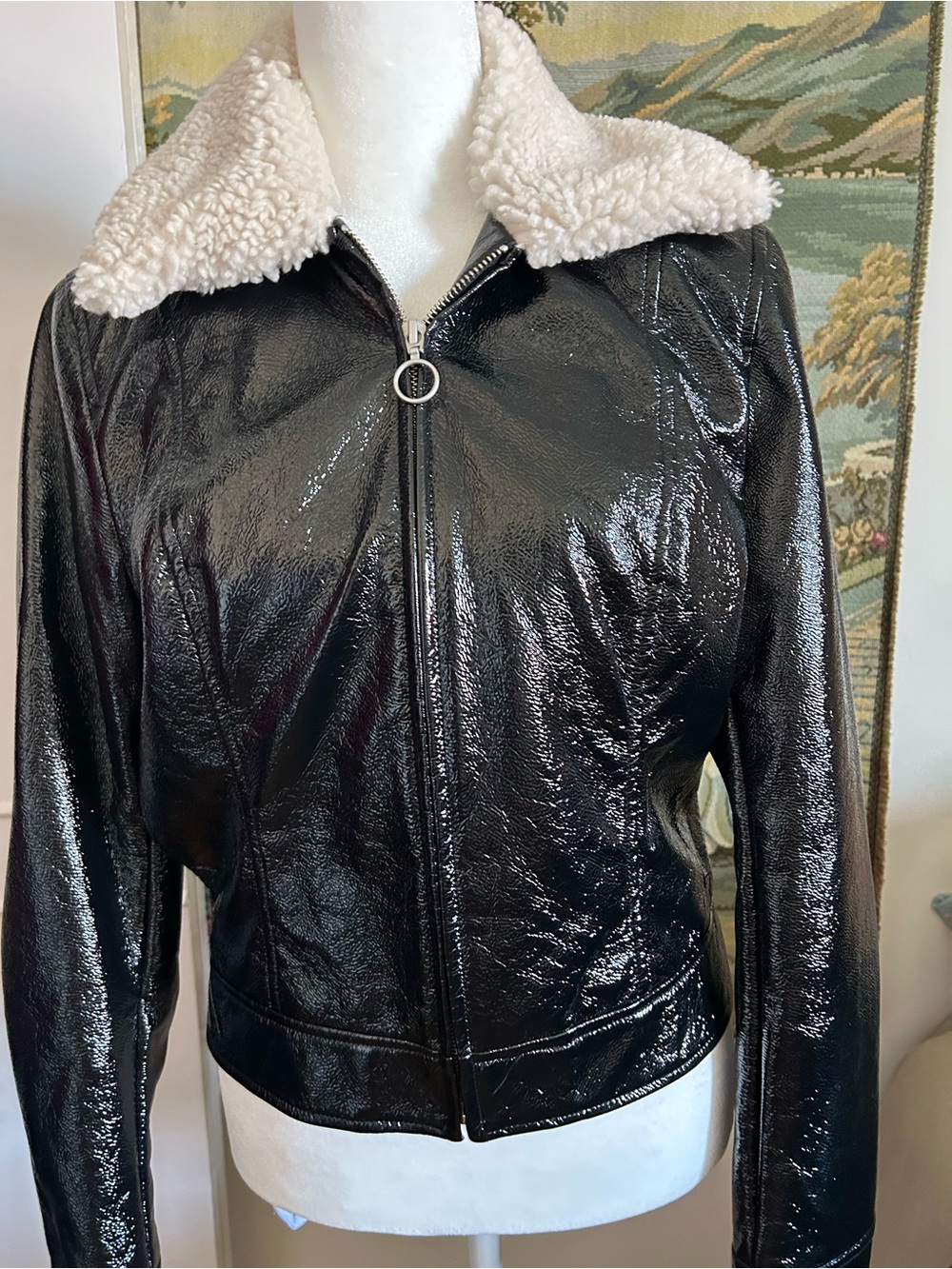 Aritzia Black Faux Leather Bomber Jacket with Cream Sherpa Collar